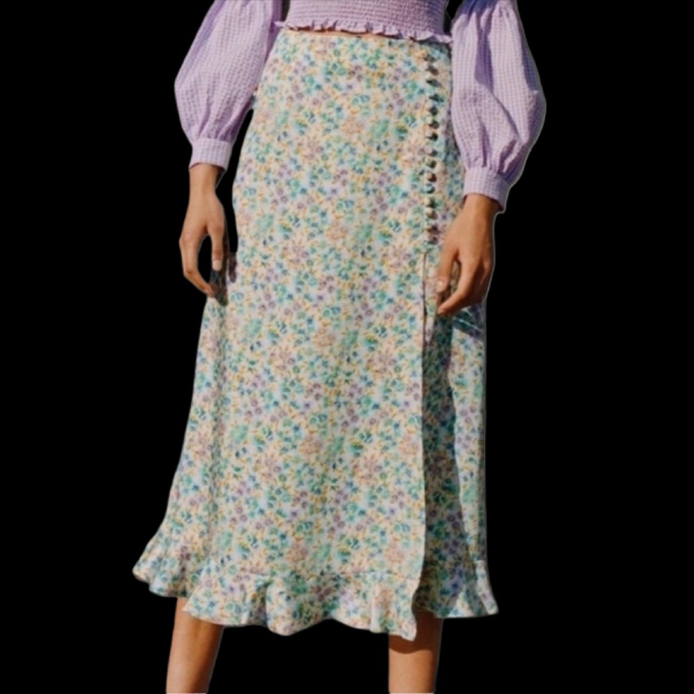 ZARA Women’s L XL Satin Floral Midi Skirt Button Slit Ruffle Hem Vintage Style